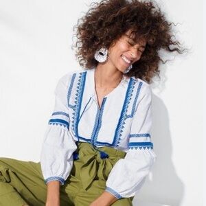 Embroidered linen-cotton top Blouse